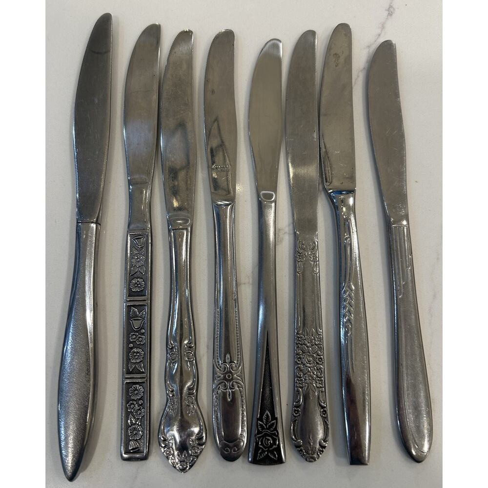 Vtg Mixed Lot of 8 Dinner Knives‎ 9” MCM Mismatched Stainless Floral Patterns